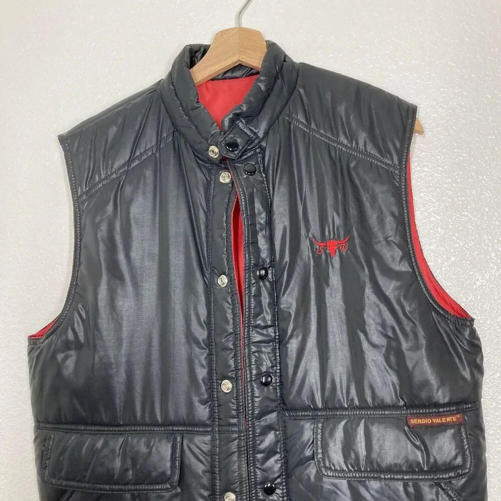 Sergio Valente Vest Mens Large Black Puffer Quilted Dragon Back Embroidered